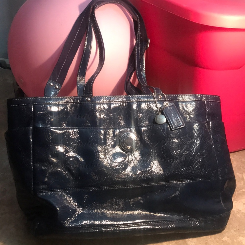 Navy blue leather coach diaper bag